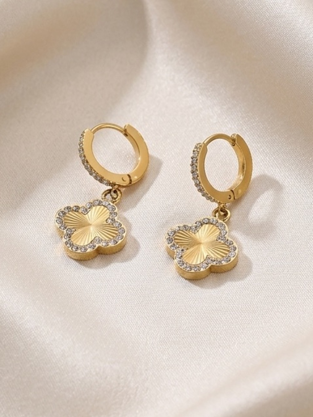 18k Gold Plated Clover Hoop Drop Earrings with Crystal Edge NEW